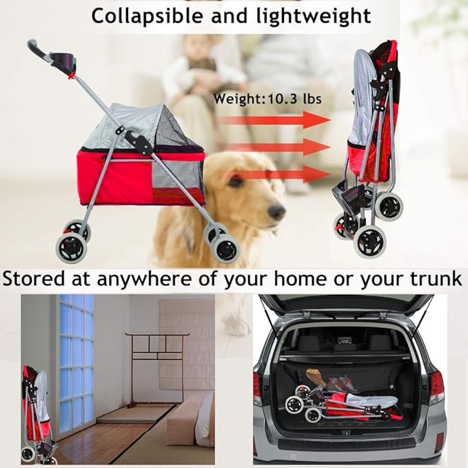 Cat Dog Stroller for Small & Medium Dogs Up to 35Lbs Kitten Doggie Cage Waterproof Foldable Travel Carrier Puppy Strolling Cart Durable 4 Wheels Large Pet Stroller Jogger with Cup Holders, Red