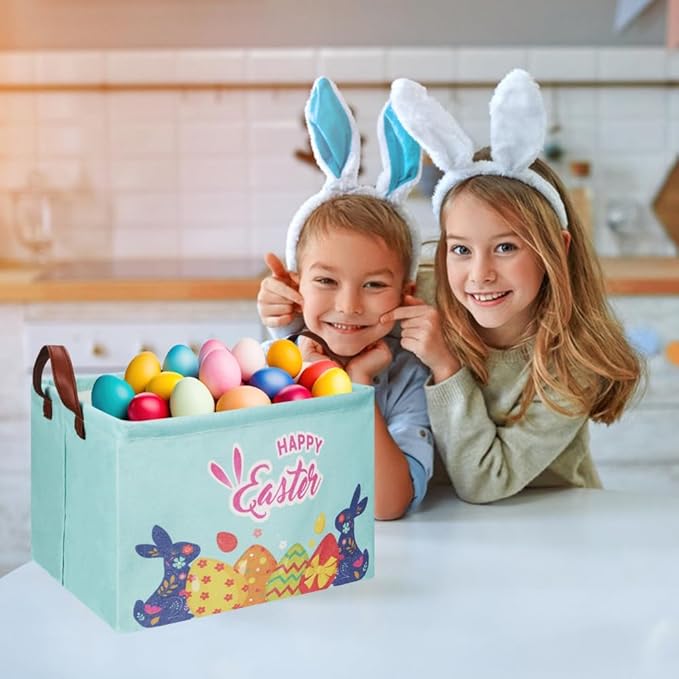 CLOCOR Rectangular Blue Easter Egg Gift Basket Empty,Waterproof Storage Basket with Handles,Room Decor(Blue Easter Bunny)