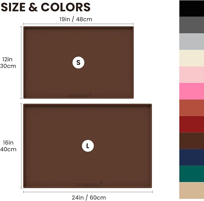 VIVAGLORY Dog Bowl Mat Grippymat Pet Food Mat, Waterproof Washable Nonslip Silicone for Pet & Cat, Food and Water Placemat with Lip & Raised Edges for Indoor Floor, L, Chocolate