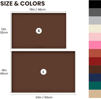 VIVAGLORY Dog Bowl Mat Grippymat Pet Food Mat, Waterproof Washable Nonslip Silicone for Pet & Cat, Food and Water Placemat with Lip & Raised Edges for Indoor Floor, L, Chocolate