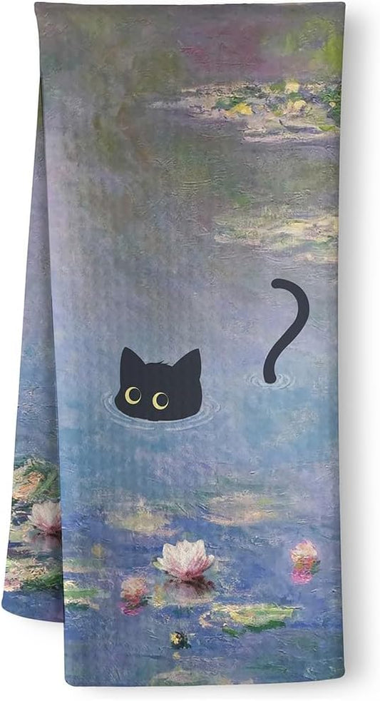 Black Cat Kitchen Towels - Quick-Dry Decorative Hand Towel for Art Enthusiasts & Cat Lovers | Vintage Masterpiece Water Lilies Dish Towels for Whimsical Home Accent,Unique Christmas Home Decorations