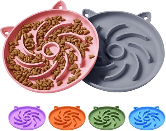 2Pcs Slow Feeder Cat Bowl,Puzzle Feeder,Interactive Toys,Slow Feeding cat Bowl Suitable for All Dry and Wet Foods,Easy to Clean Silicone Bowls (Grey and Pink)