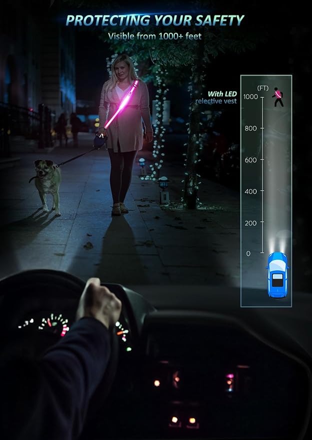 LED Reflective Belt Sash Walking Gear,Safety Lights for Walkers at Night,High Visibility Safety Rechargeable Reflective Running Gear for Men Women Kids Night Dog Walking Gear