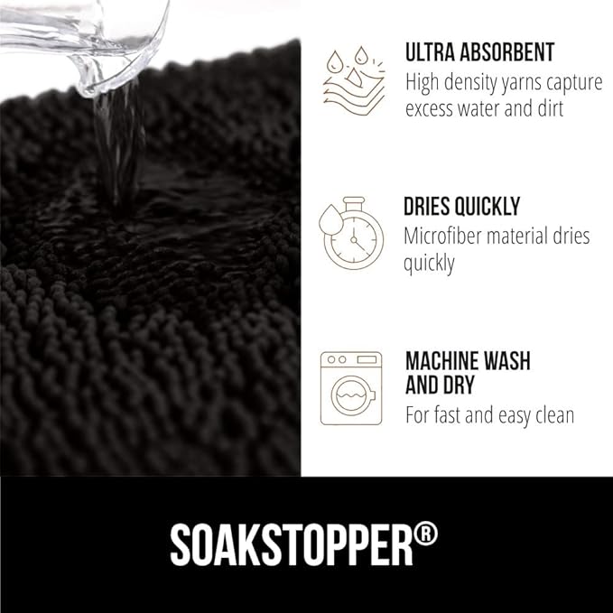 GORILLA GRIP SoakSTOPPER Dog Door Mat, 36x24 Machine Washable Rug Absorbent Doormat Captures Moisture Mud Dirt, Quick Dry Soft Chenille Entryway Rugs Indoor Entrance Mats for Dog Paws, Black