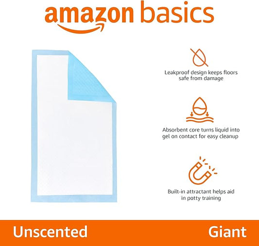 Amazon Basics Heavy Duty Dog and Puppy Pee Pads, Leak-Proof 5-Layer Super Absorbent, Quick-Dry Surface for Potty Training and Housebreaking, Giant Size, 27.5 x 44 Inch, Blue & White, 30-Pack
