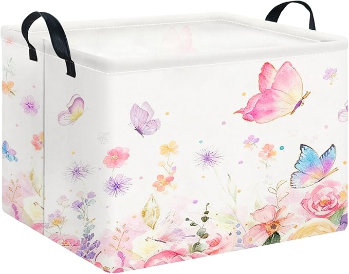 CLOCOR Rectangular Storage Basket,Collapsible Cute Pattern Storage Bin,Waterproof Books Box with Handles,Gift Basket(Golden Butterfly)