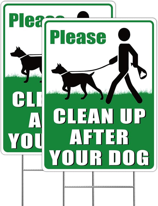 2-Pack Clean Up After Your Dog Signs, 12.6" x 9.5" with Metal Stake, No Dog Poop Lawn Signs with UV Protected & Waterproof, Double Sided Pick Up After Your Dog Sign for Yard