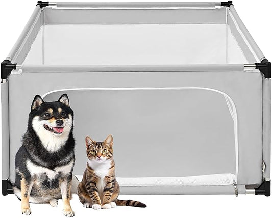 EHEYCIGA 42x42x26 Inches Puppy Playpen Without Top Cover for Dogs & Cats Indoor or Outdoor - Dog Playpen with Door, Dog Fence for Small Animal with Heavy-Duty Oxford & Steel Frame, Sliver Grey
