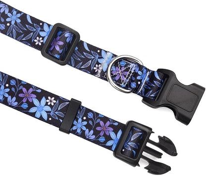 Dog Collar and Leash Set with Bohemia Floral Tribal Geometric Patterns - Soft Ethnic Style Collar Adjustable for Small Medium Large Dogs(Blue Floral Set,S)