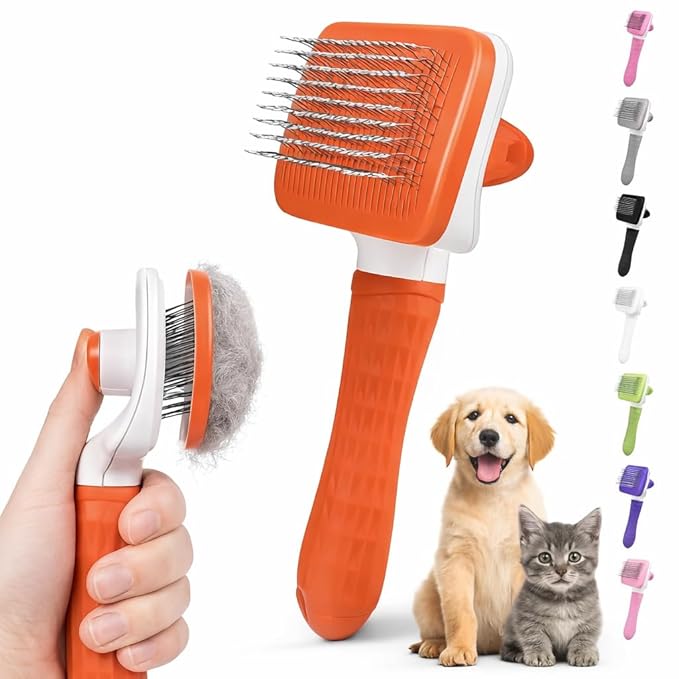 Self Cleaning Slicker Brush, Dog Cat Bunny Pet Grooming Shedding Brush, Easy to Remove Loose Undercoat, Pet Massaging Tool Suitable for Pets with Long or Short Hair (Red)