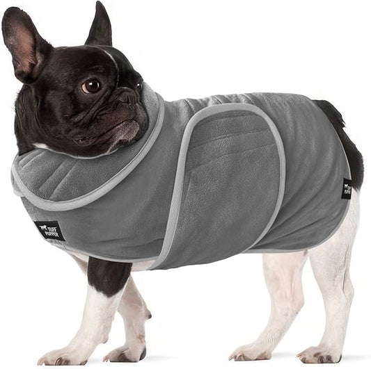 Tuff Pupper Fast Drying Dog Bath Robe | 800 GSM Plush Dog Towel Bathrobe/Dressing Gown | Super Absorbent Pet/Puppy Bathrobe | Adjustable Hood & Belly Strap | Super Soft | Fast Drying (S, Gray)