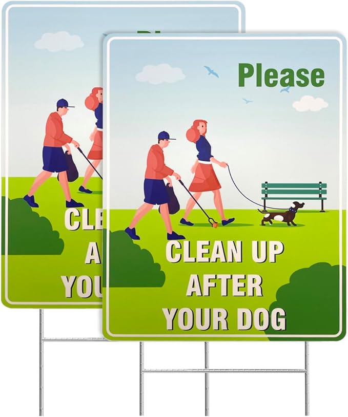 2-Pack Clean Up After Your Dog Signs, 12x9 Inch Double Sided Yard Signs with Metal H-Stakes, Weatherproof & UV Resistant No Pooping Dog Lawn Signs
