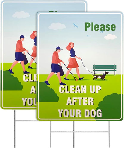 2-Pack Clean Up After Your Dog Signs, 12x9 Inch Double Sided Yard Signs with Metal H-Stakes, Weatherproof & UV Resistant No Pooping Dog Lawn Signs