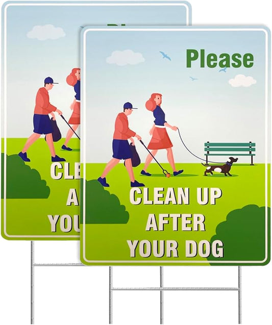 2-Pack Clean Up After Your Dog Signs, 12x9 Inch Double Sided Yard Signs with Metal H-Stakes, Weatherproof & UV Resistant No Pooping Dog Lawn Signs