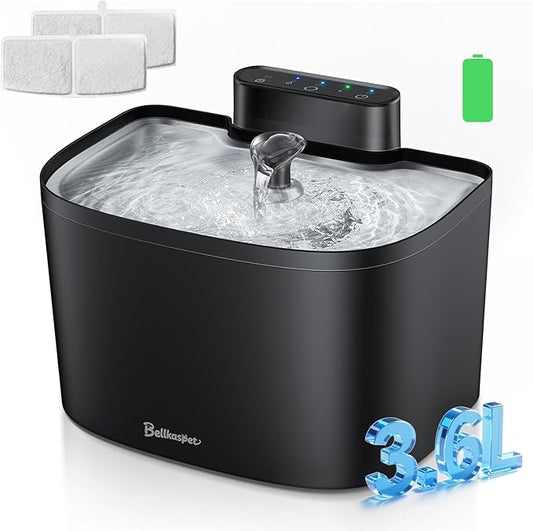 Cat Water Fountain, 122oz/3.6L Pumpless Wireless Cat Fountain, Cordless Water Fountains for Cats Indoor, Battery Operated Dog Pet Water Fountain with Stainless Steel Tray (Black, Fountain+2 Fliters)