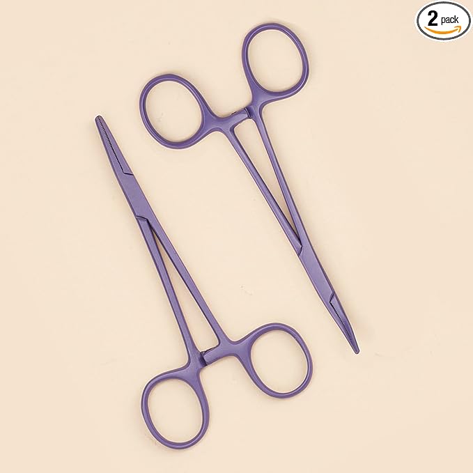 Pets ears/nose hair Puller Straight & Curved full serrated, stainless steel Home Hemostat Locking Forceps, Professional pet grooming tool for cats & dogs 2pcs set （purple）