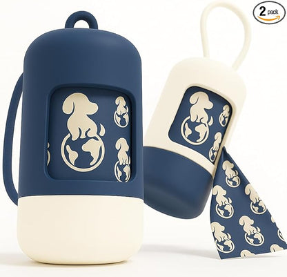 Dog Poop Bag Holder [2-Pack] | With 30 Extra-thick Dog Bags for Poop | Waste Bag Dispenser with Premium Soft-Touch Coating | Enlarged Dispense Opening, Stylish Color-Block Design (Arctic Midnight)