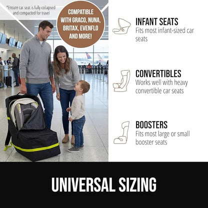 GORILLA GRIP Tear and Water Resistant Padded Car Seat Travel Bag for Airplane and Airport, Universal Fit Baby Carseat Bags, Holds Up to 50lbs, Handle & Shoulder Straps, Air Gate Check Carrier, Yellow