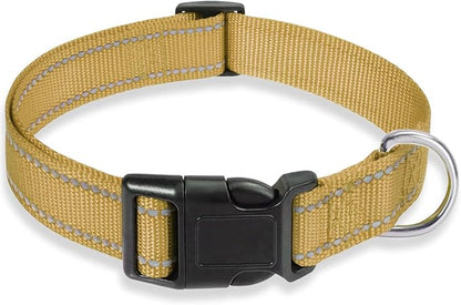 Reflective Dog Collar with Buckle Adjustable Safety Nylon Collars for Small Medium Large Dogs, Brown L