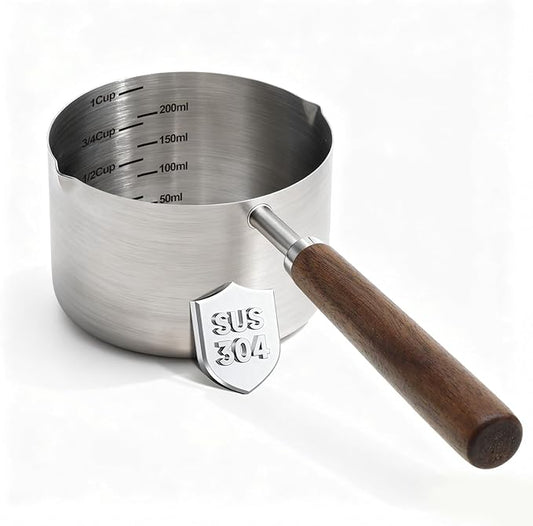 Dog-Cat Food Scoop 1 Cup – 304 Stainless Steel Measuring Cup with Long Walnut Handle, Precise Scale for Pet Food, Easy to Clean & Durable Metal Scoop for Dogs, Cats, and Kitchen Use