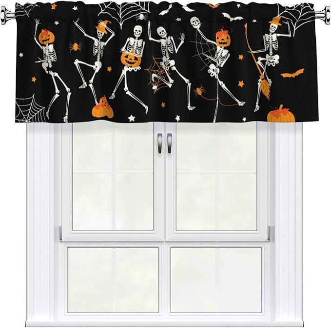 Halloween Skeleton Curtain Valance Short Rod Pocket Window Treatment for Living Room Bedroom Kitchen Bathroom 1 Panel 54" W x 18" L
