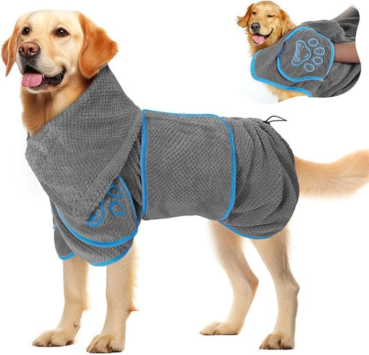 SlowTon Dog Bathrobe Towel - Super Absorbent Microfiber Pet Quick Drying Towel, Wearable Soft Bath Robes for After Bath Shower Swim Wet Walk, Adjustable for Small Middle Large Dogs (Grey, XS)
