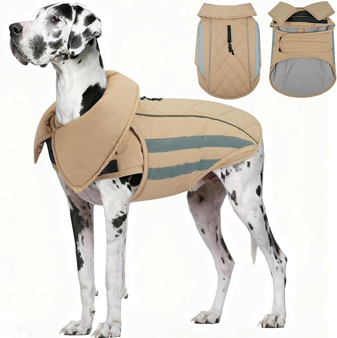 IECOii 4XL Dog Jacket for Deep-Chested Breeds, Reflective & Adjustable Outdoor Giant Pets Snow Vest Coat, Waterproof Winter Snowsuits Warm Cold Weather Coats, Mashine Washable, Khaki, Sizes XXXXL
