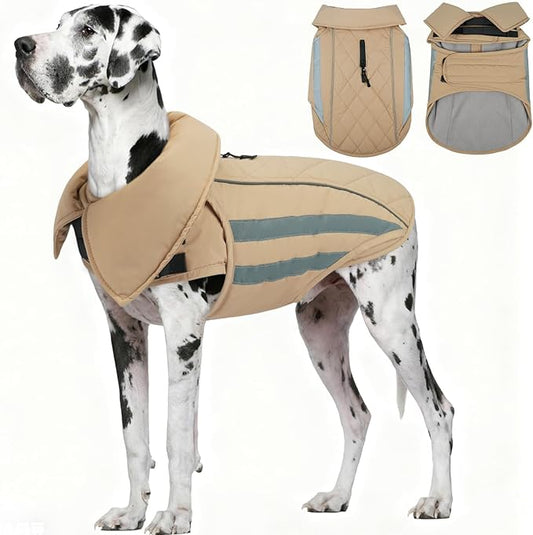 IECOii 4XL Dog Jacket for Deep-Chested Breeds, Reflective & Adjustable Outdoor Giant Pets Snow Vest Coat, Waterproof Winter Snowsuits Warm Cold Weather Coats, Mashine Washable, Khaki, Sizes XXXXL