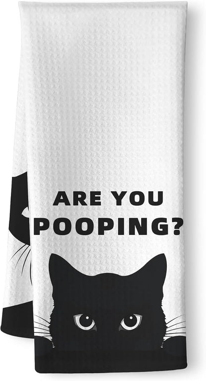 Quick-Drying Humorous Bathroom Hand Towel with Playful Black Cat Design - Quirky 'are You Pooping' Inspired Artwork Decorative Towel for Bathroom, Funny Feline Lover Gifts for Cat Ladies