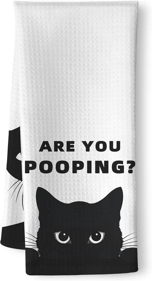 Quick-Drying Humorous Bathroom Hand Towel with Playful Black Cat Design - Quirky 'are You Pooping' Inspired Artwork Decorative Towel for Bathroom, Funny Feline Lover Gifts for Cat Ladies
