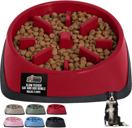 GORILLA GRIP Patented BPA Free Slow Feeder Dog Bowls, Interactive Puzzle Toy for Dogs and Cats Food Training Enrichment, Keeps Pets Busy and Prevents Puppy Overeating, All Breeds, 2 Cup, Red