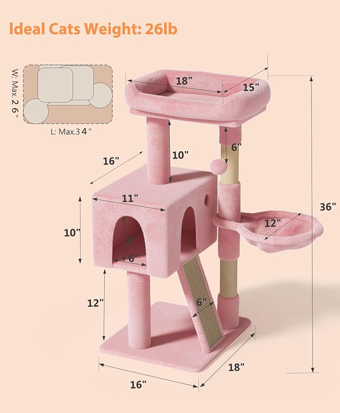 OS MOTOR Cat Tree Tower for Indoor Cats Large Adult,Cute/Tall Modern Cat Tree for Big Cats 20 lbs,Plush Multi-Level Cat Condo with Scratching Posts,Hammock, Dangling Ball (Soft Pink, 36 inch)