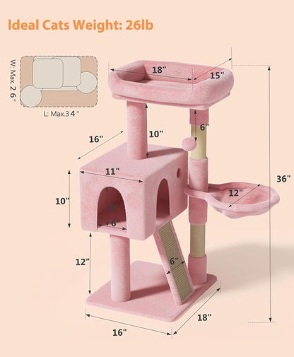 OS MOTOR Cat Tree Tower for Indoor Cats Large Adult,Cute/Tall Modern Cat Tree for Big Cats 20 lbs,Plush Multi-Level Cat Condo with Scratching Posts,Hammock, Dangling Ball (Soft Pink, 36 inch)