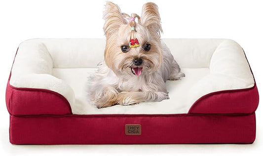 EHEYCIGA Orthopedic Dog Bed for Small Dogs, Waterproof Memory Foam Small Dog Beds with Sides, Non-Slip Bottom and Egg-Crate Foam Medium Pet Couch Bed with Washable Removable Cover,Red