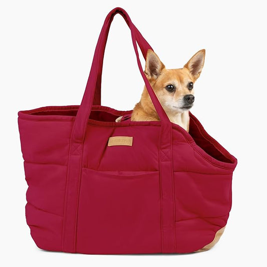 Plush Dog Purse Carrier for Small Dogs, Soft Dog Tote Bag with Safety Harness Clip, Cozy Pet Carrier for Dogs Under 15 lbs, Comfortable Dog Shoulder Carrier for Travel, Red