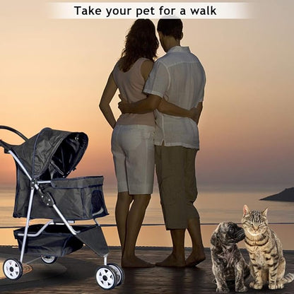 Dkeli 3-Wheel Pet Stroller, Lightweight Foldable Dog Stroller for Small Medium Dogs & Cats, Breathable Mesh & Weather Cover with Storage Basket, for Daily Walk Outdoor Travel (Black)