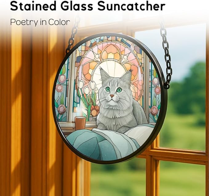 9.8in Stained Glass Window Hanging， Gray Cat Sun Catchers Indoor Window， Core Decor Inside and Outside The Cottage，Gifts for Women -376