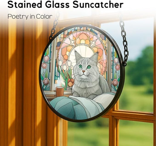 6.3in Stained Glass Window Hanging， Gray Cat Sun Catchers Indoor Window， Core Decor Inside and Outside The Cottage，Gifts for Women -376