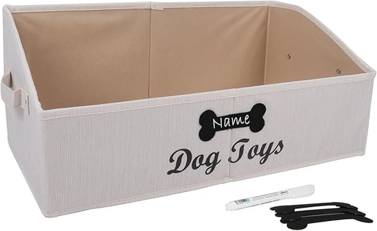 Large Dog Toy Basket Collapsible Dogs Toy Box Fabric Trapezoid Dog Toys Bin Storage for organizing pet Toys/Blankets/leashes/Rope Toys/Clothing-Can be Personalized-Slub Beige