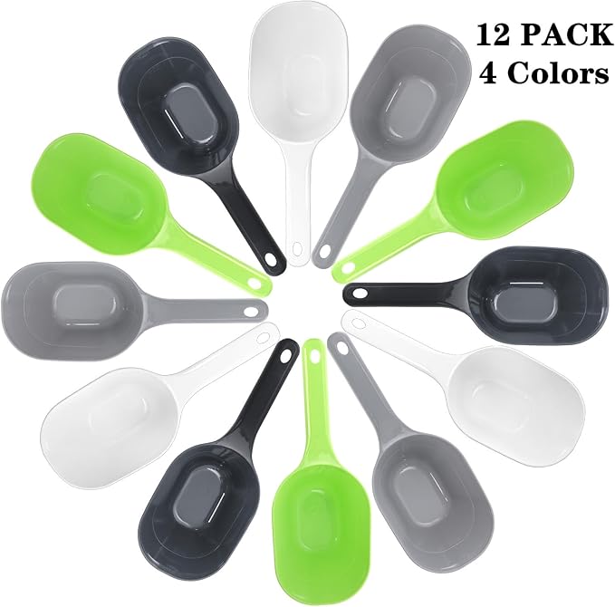 DEAYOU 12 Pack Dog Food Scoop, 1 Cup Plastic Pet Food Scoop with Measuring Lines, Multi Purpose Kitchen Scoop Measure Cups for Puppy, Flour, Ice Cube, Accurate Portion Control, 4 Colors