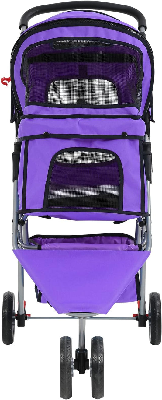 Dkeli 3-Wheel Pet Stroller, Lightweight Foldable Dog Stroller for Small Medium Dogs & Cats, Breathable Mesh & Weather Cover with Storage Basket, for Daily Walk Outdoor Travel (Purple)