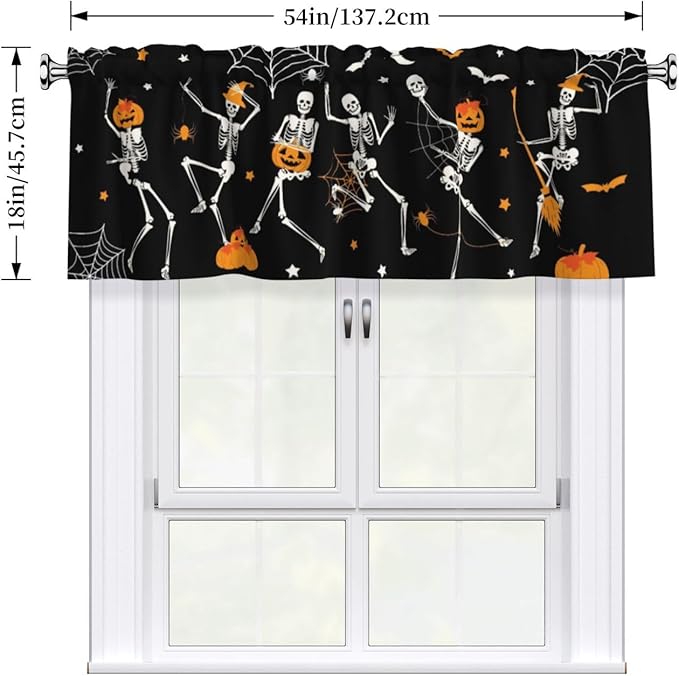 Halloween Skeleton Curtain Valance Short Rod Pocket Window Treatment for Living Room Bedroom Kitchen Bathroom 1 Panel 54" W x 18" L