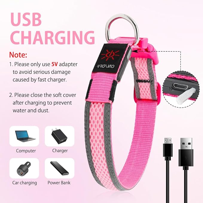 Illumifun Light Up Dog Collar, USB Rechargeable LED Dog Collar Glow in The Dark, Waterproof Reflective Dog Safety Light for Your Dogs Walking at Night (Large, Light Pink)