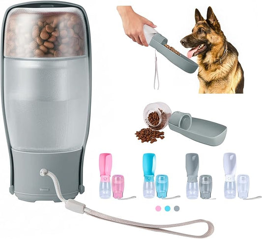 2-in-1 Foldable Pet Travel Water Bottle, Feeding Vessels for Pets, 11.8oz Water & 7oz Food Container for Dogs and Cats, Portable Leak-Proof Dispenser for Hiking, Walking & Camping Gray