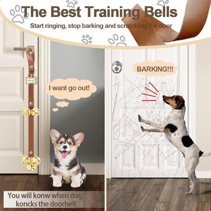 Leather Dog Bells, Puppy Potty Training Bell Dog Doorbell Potty Train Dog Bell for Potty Training Door Bells for Dogs to Ring to Go Outside Jingle Bells (Leather Brown, Glitter Bone 1 PCS)