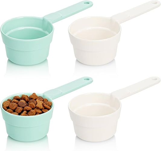 DEAYOU 4 Pack Dog Food Scoop 1/2 Cup, Melamine Pet Food Measuring Cup with Long Handle, Food-Grade Half Cup Feeding Scoop for Cat, Bird, Rabbit, Dishwasher Safe, Plastic Spoon for Dog Food Storage