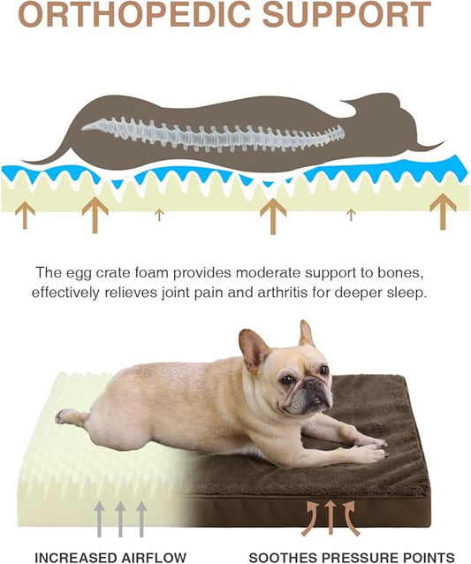 KSIIA Orthopedic Dog Bed Crate Waterproof Pet Mats for Small Dogs Deluxe Plush Washable Pet Bed with Egg Crate Foam & Removable Cover, 23 x 17 Inch, Brown