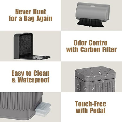 Dog Poop Trash Can for Outside & Indoor, 5L/1.3Gal Small Pet Waste Bin with Odor Control Carbon Filter Lid, 2-Way Open (Step & Press Top), Dog Waste Container with Bag Holder, Grey