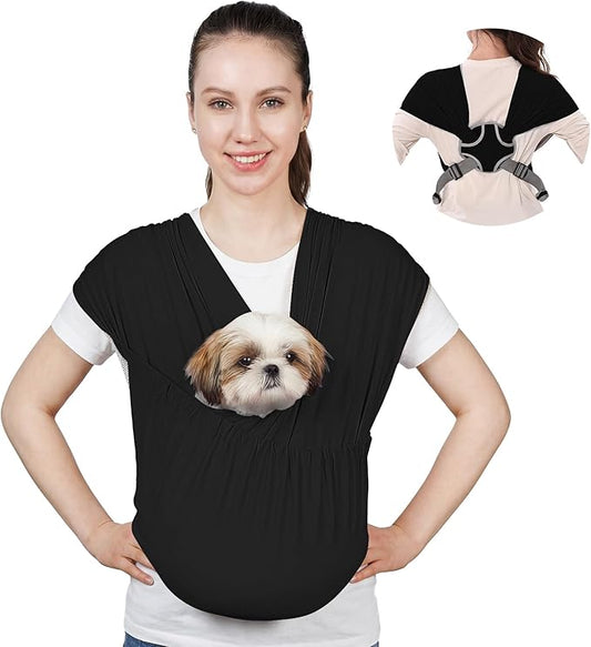 Supet Dog Sling Carrier for Small Pets, Hands Free Cat Sling, Reducing Back Neck Pain Anti-Anxiety Puppy Front, Adjustable Soft Dog Carrying (Black, Plus)