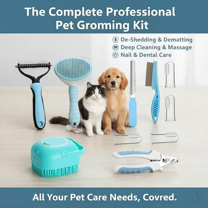 Dog Brush Grooming Kit 10pcs for Shedding, Pet Grooming Kit, Self-Cleaning Slicker Brush, Dematting Rake, Nail Clipper/Trimmer for Dogs,Cats,Rabbits& Small Animals